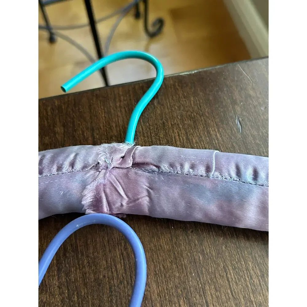 6 Vintage satin padded clothes hangers ribbon bows purple, turquoise, silver